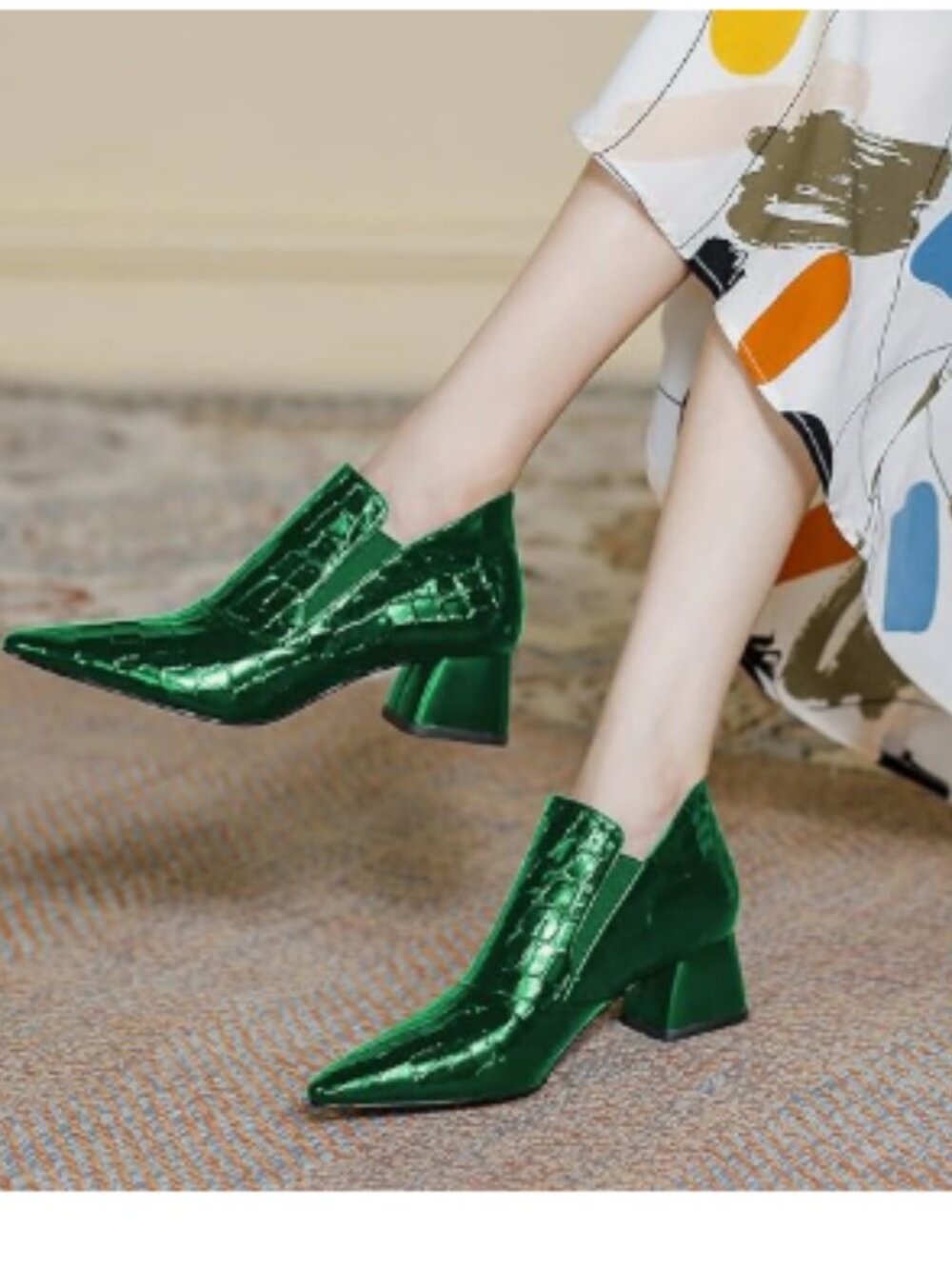 YDN Green Sexy Pointed Toe Ankle Boots Chunky Low Heel Booties Pull on Shoes